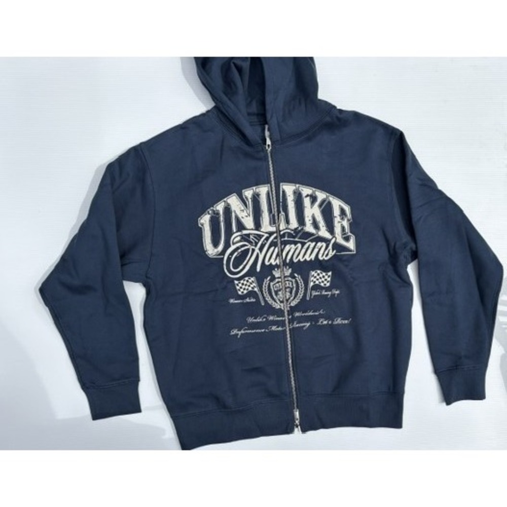 Unlike Humans Mens Medium Motor Graphic Full Zip Hoodie Sweatshirt Steel Blue